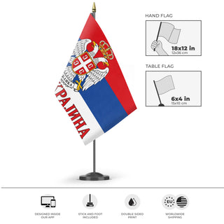 A mockup of the custom flag 'Serbian Krajina flag' as a desk flag and small hand waving flag