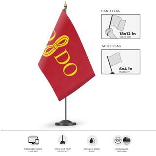 A mockup of the custom flag 'Seville City Flag' as a desk flag and small hand waving flag