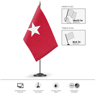 A mockup of the custom flag 'Sibley flag' as a desk flag and small hand waving flag