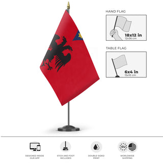 A mockup of the custom flag 'Skanderbeg Albanian Flag' as a desk flag and small hand waving flag