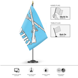 A mockup of the custom flag 'Sky Blue U.S Army Infantry Branch flag' as a desk flag and small hand waving flag