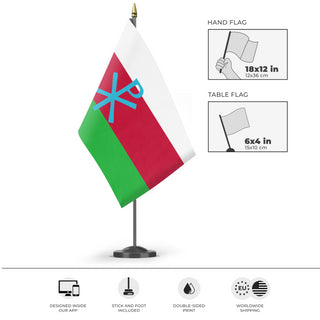 A mockup of the custom flag 'Snowlandian flag' as a desk flag and small hand waving flag