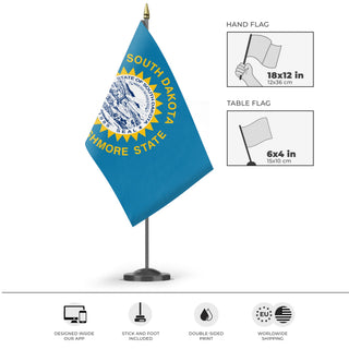 A mockup of the custom flag 'South Dakota State Flag' as a desk flag and small hand waving flag