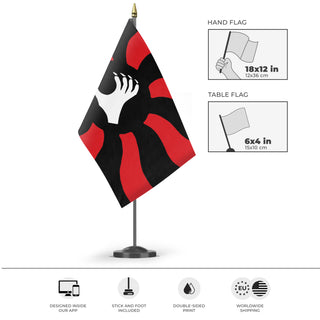 A mockup of the custom flag 'Spanish Nationalist Syndicalist Party flag' as a desk flag and small hand waving flag