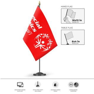 A mockup of the custom flag 'Special Olympics Hawai'i flag' as a desk flag and small hand waving flag