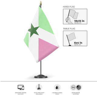A mockup of the custom flag 'Star Saltire flag' as a desk flag and small hand waving flag