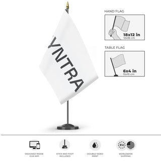 A mockup of the custom flag 'Syntra Desk flag' as a desk flag and small hand waving flag