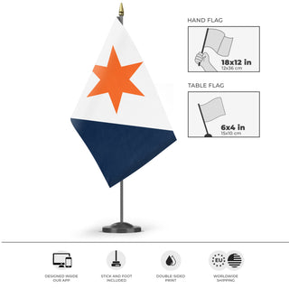 A mockup of the custom flag 'Syracuse New York Flag Proposal' as a desk flag and small hand waving flag