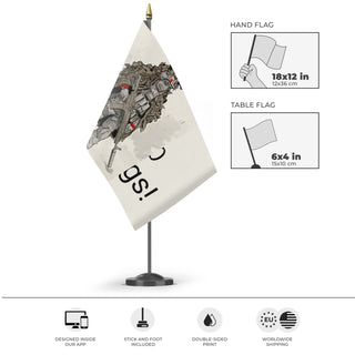 A mockup of the custom flag 'T flag' as a desk flag and small hand waving flag