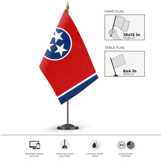 A mockup of the custom flag 'Tennessee State Flag' as a desk flag and small hand waving flag