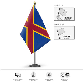 A mockup of the custom flag 'Tiburcio banner flag' as a desk flag and small hand waving flag