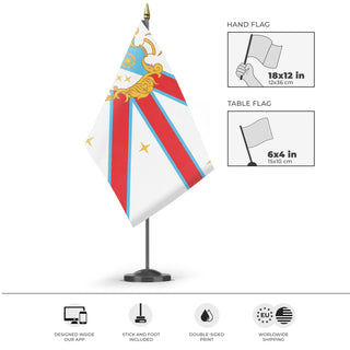 A mockup of the custom flag 'Treasure Island flag' as a desk flag and small hand waving flag