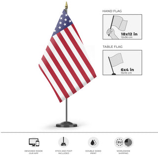 A mockup of the custom flag 'USA Flag' as a desk flag and small hand waving flag