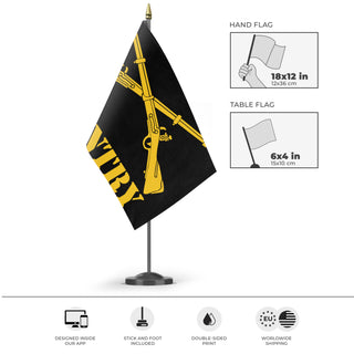 A mockup of the custom flag 'U.S Army Infantry Branch flag' as a desk flag and small hand waving flag