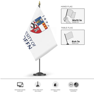 A mockup of the custom flag 'University of Aberdeen flag' as a desk flag and small hand waving flag