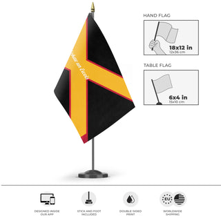 A mockup of the custom flag 'Vokav un Excois flag' as a desk flag and small hand waving flag