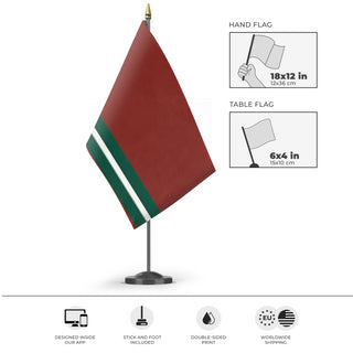 A mockup of the custom flag 'Xeroist Republic of Zilatra flag' as a desk flag and small hand waving flag