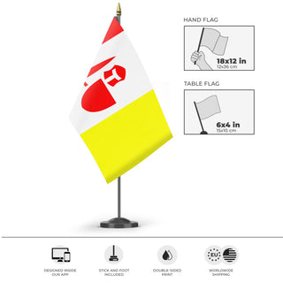 A mockup of the custom flag 'aalst flag' as a desk flag and small hand waving flag