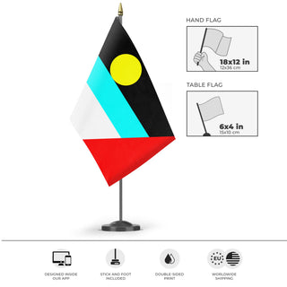 A mockup of the custom flag 'antigua y Barbuba flag' as a desk flag and small hand waving flag