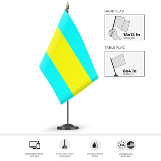 A mockup of the custom flag 'bahamas flag' as a desk flag and small hand waving flag