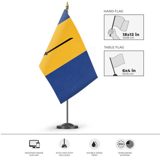 A mockup of the custom flag 'barbados flag' as a desk flag and small hand waving flag