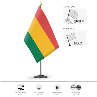 A mockup of the custom flag 'bolivia flag' as a desk flag and small hand waving flag