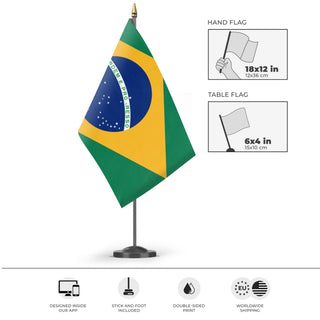 A mockup of the custom flag 'brasil flag' as a desk flag and small hand waving flag