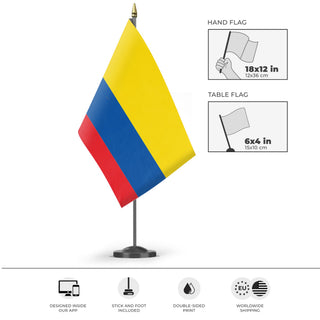 A mockup of the custom flag 'colombia flag' as a desk flag and small hand waving flag