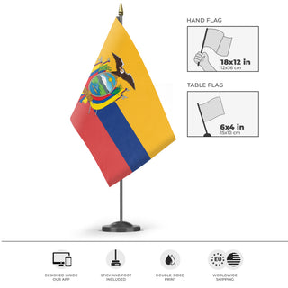 A mockup of the custom flag 'ecuador flag' as a desk flag and small hand waving flag