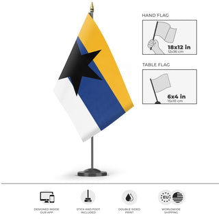 A mockup of the custom flag 'eguina flag' as a desk flag and small hand waving flag