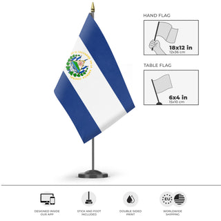 A mockup of the custom flag 'el salvador flag' as a desk flag and small hand waving flag