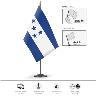 A mockup of the custom flag 'honduras flag' as a desk flag and small hand waving flag