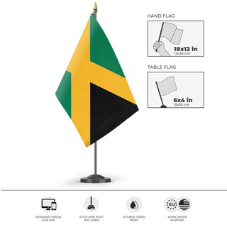 A mockup of the custom flag 'jamaica flag' as a desk flag and small hand waving flag