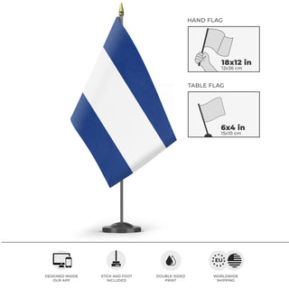 A mockup of the custom flag 'nicaragua flag' as a desk flag and small hand waving flag