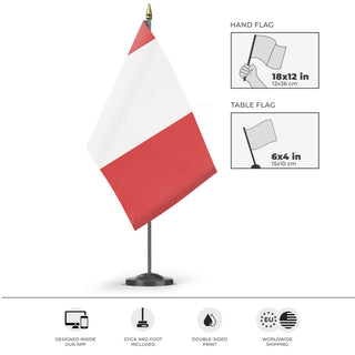 A mockup of the custom flag 'peru flag' as a desk flag and small hand waving flag