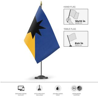 A mockup of the custom flag 'principality of equina flag' as a desk flag and small hand waving flag