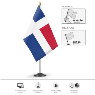 A mockup of the custom flag 'rep. Dominicana flag' as a desk flag and small hand waving flag