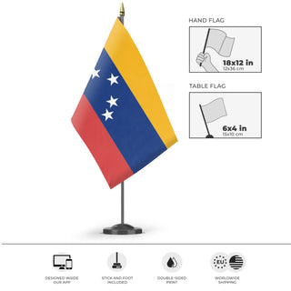 A mockup of the custom flag 'republica bolivana de venezuela flag' as a desk flag and small hand waving flag