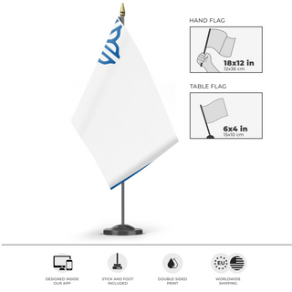 A mockup of the custom flag 'rr flag' as a desk flag and small hand waving flag