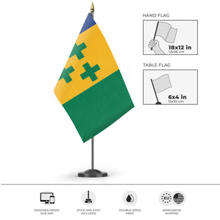 A mockup of the custom flag 'san vicente y las granadinas flag' as a desk flag and small hand waving flag