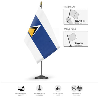 A mockup of the custom flag 'santa lucia flag' as a desk flag and small hand waving flag