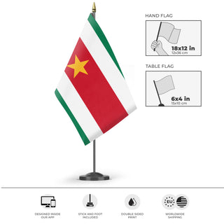 A mockup of the custom flag 'surinam flag' as a desk flag and small hand waving flag