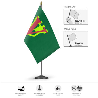 A mockup of the custom flag 'the republic of James  flag' as a desk flag and small hand waving flag