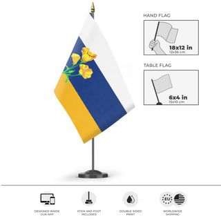 A mockup of the custom flag 'yuba county unofficial flag' as a desk flag and small hand waving flag