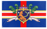 A custom flag featuring a shield with a lion, snake, and crown on a blue background with red and yellow accents.